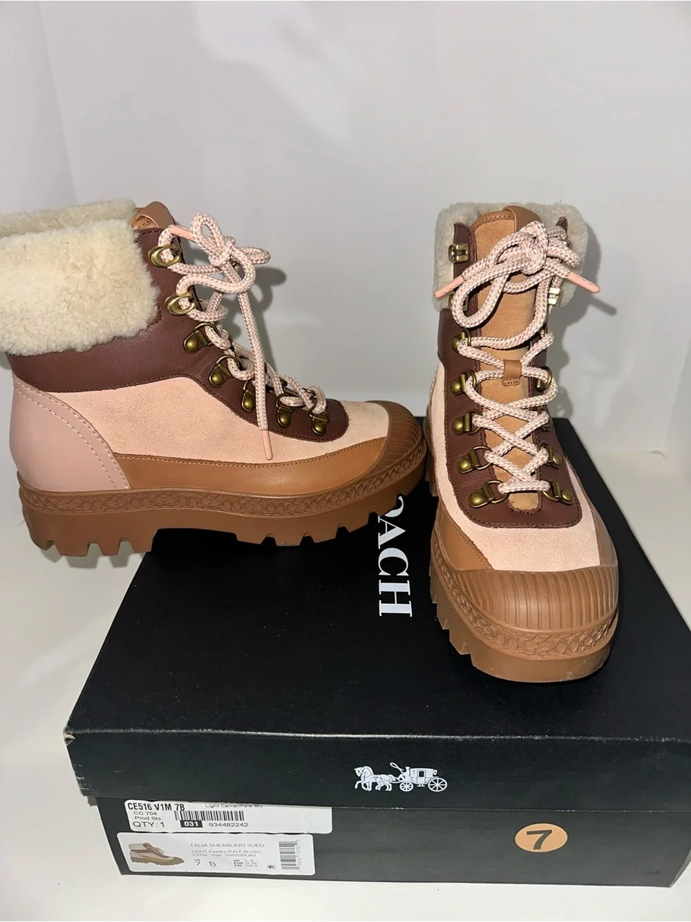 Coach Pink and Tan Lace-Up Shearling-Trim Boots